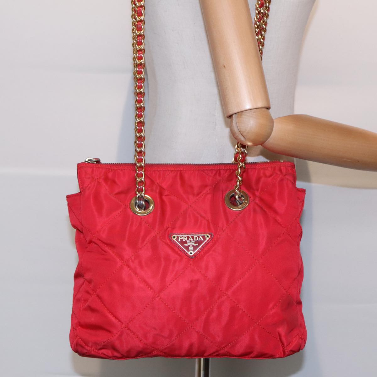 PRADA Quilted Chain Shoulder Bag Nylon Red Auth 93537