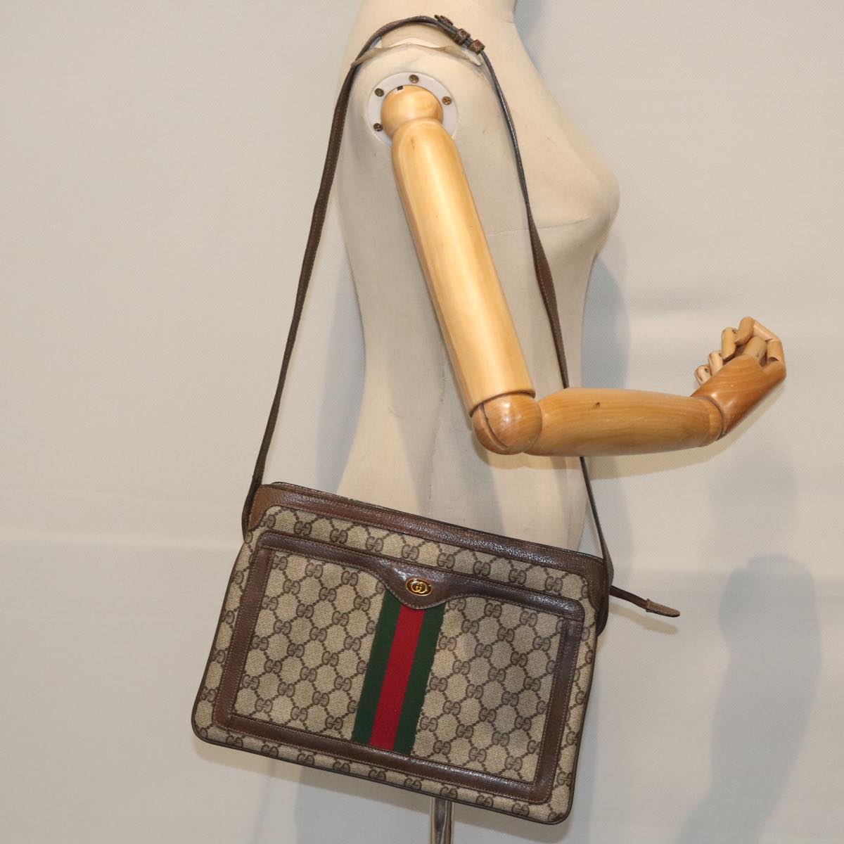 GUCCI GG Supreme Web Sherry Line Shoulder Bag PVC Beige 41 001 4085 Auth 93543