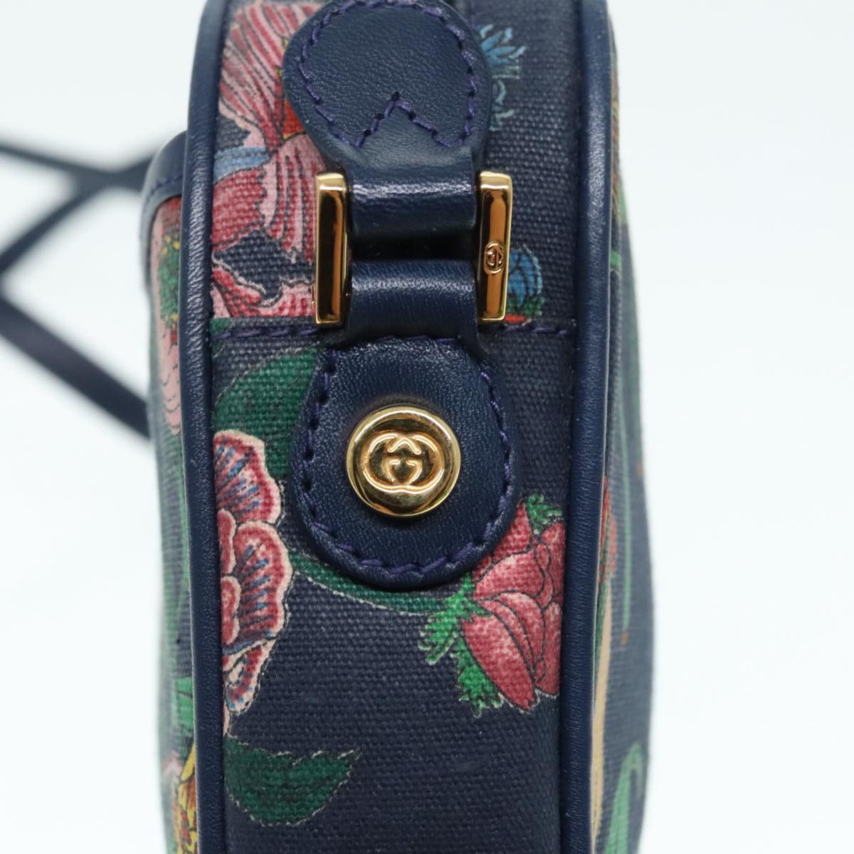 GUCCI Flora Shoulder Bag Canvas Navy Gold 007 113 1943 Auth 93545