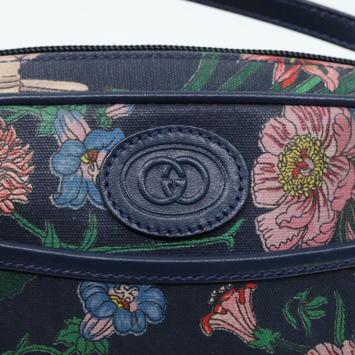 GUCCI Flora Shoulder Bag Canvas Navy Gold 007 113 1943 Auth 93545