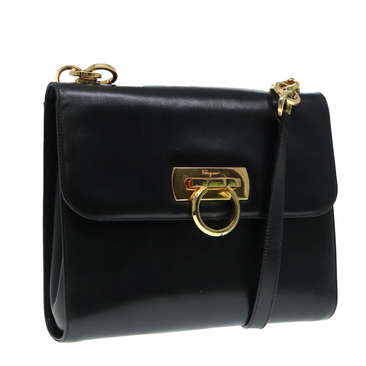 Salvatore Ferragamo Gancini Shoulder Bag Leather Black Gold Auth 93555