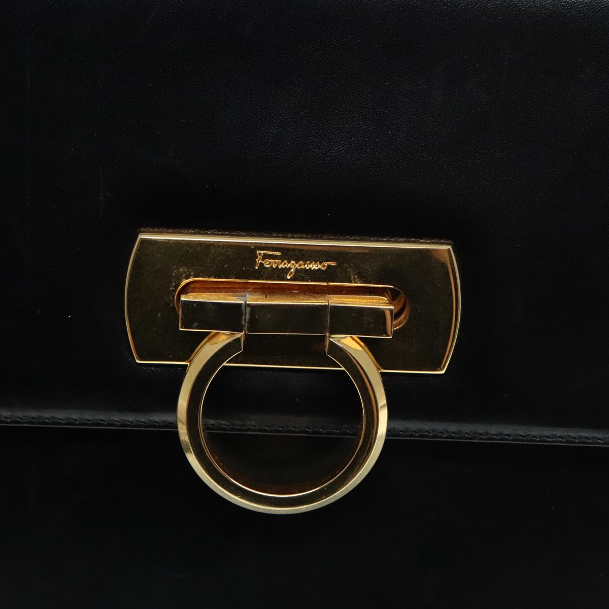 Salvatore Ferragamo Gancini Shoulder Bag Leather Black Gold Auth 93555