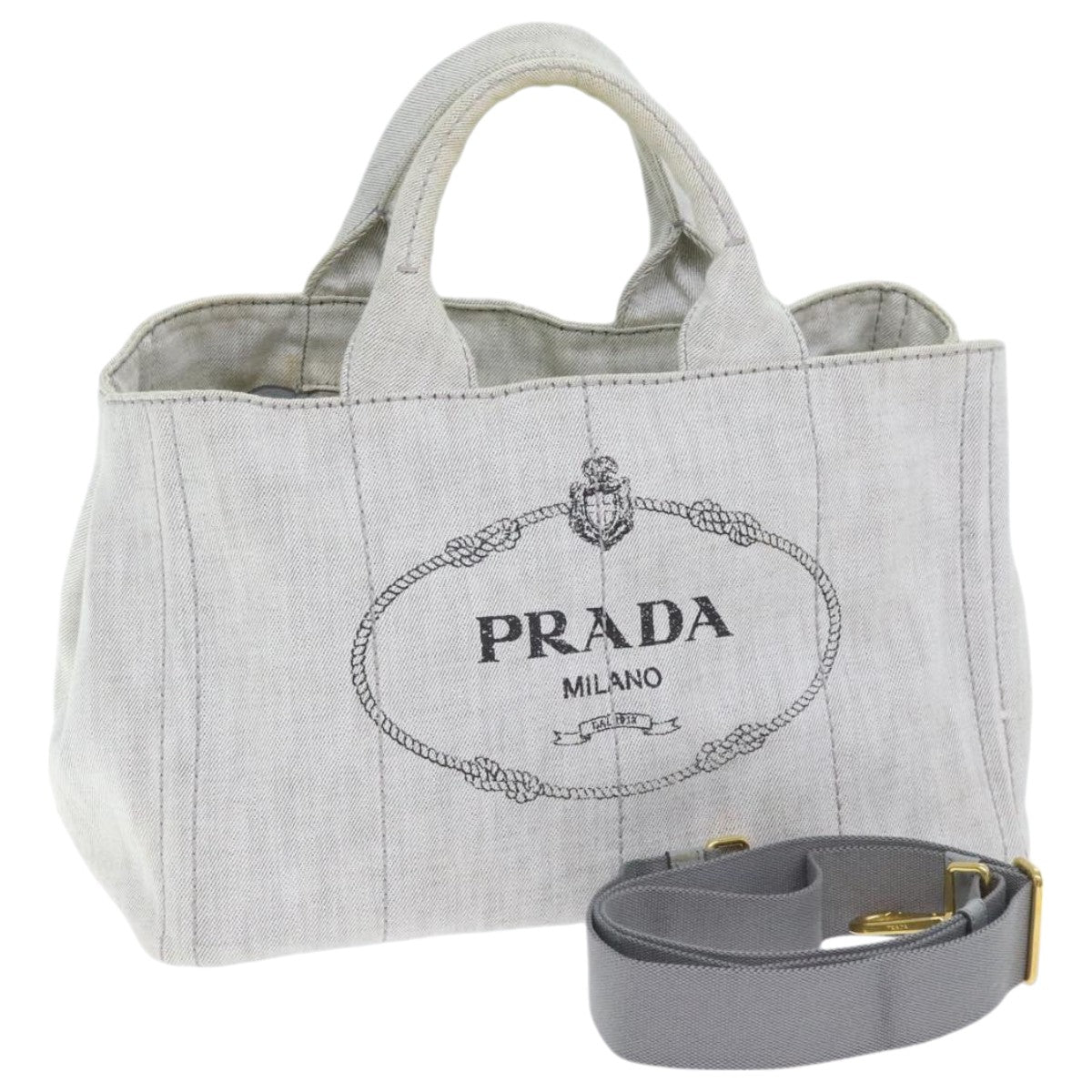 PRADA Canapa MM Hand Bag Canvas 2way Gray Gold Auth 93556