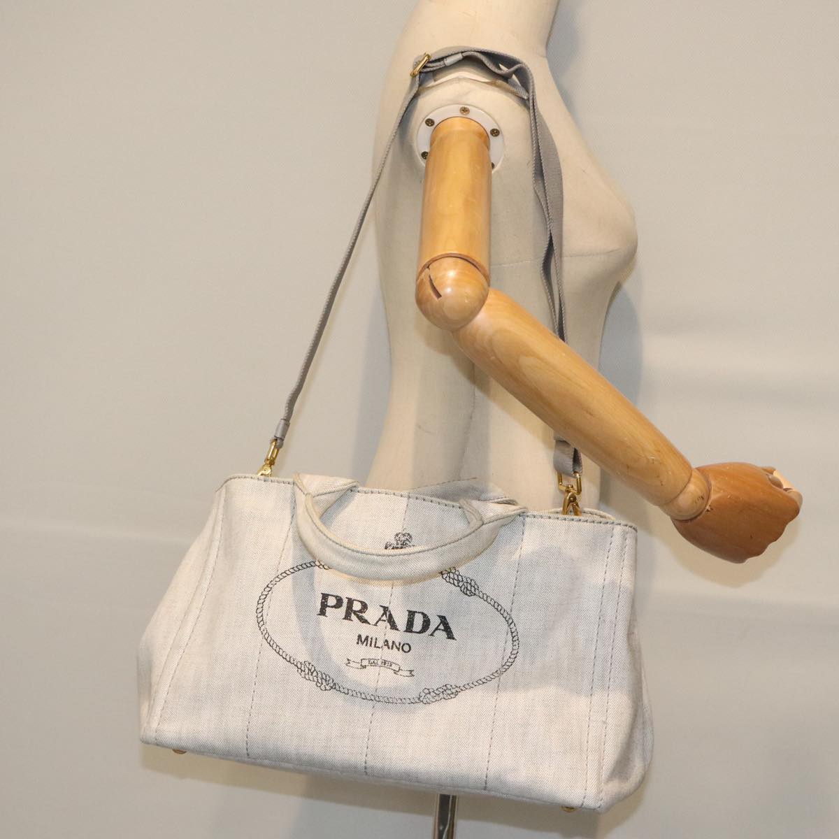 PRADA Canapa MM Hand Bag Canvas 2way Gray Gold Auth 93556