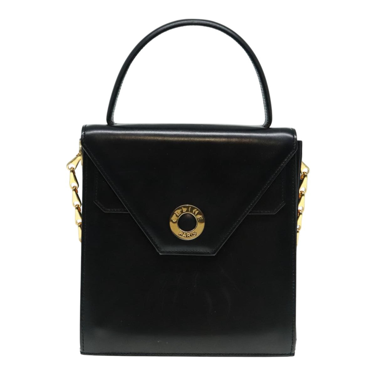 CELINE Hand Bag Leather 2way Black Gold Auth 93573