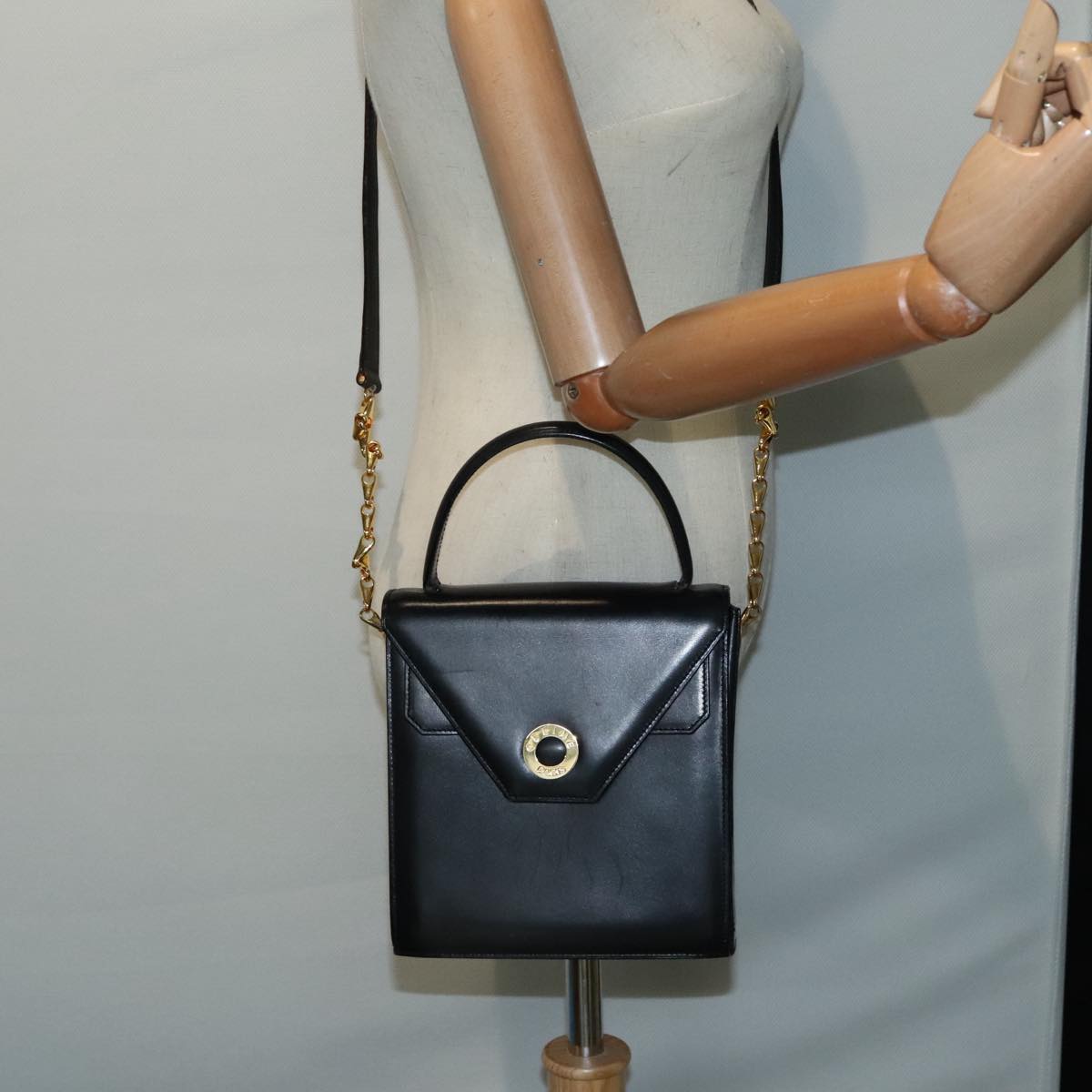 CELINE Hand Bag Leather 2way Black Gold Auth 93573