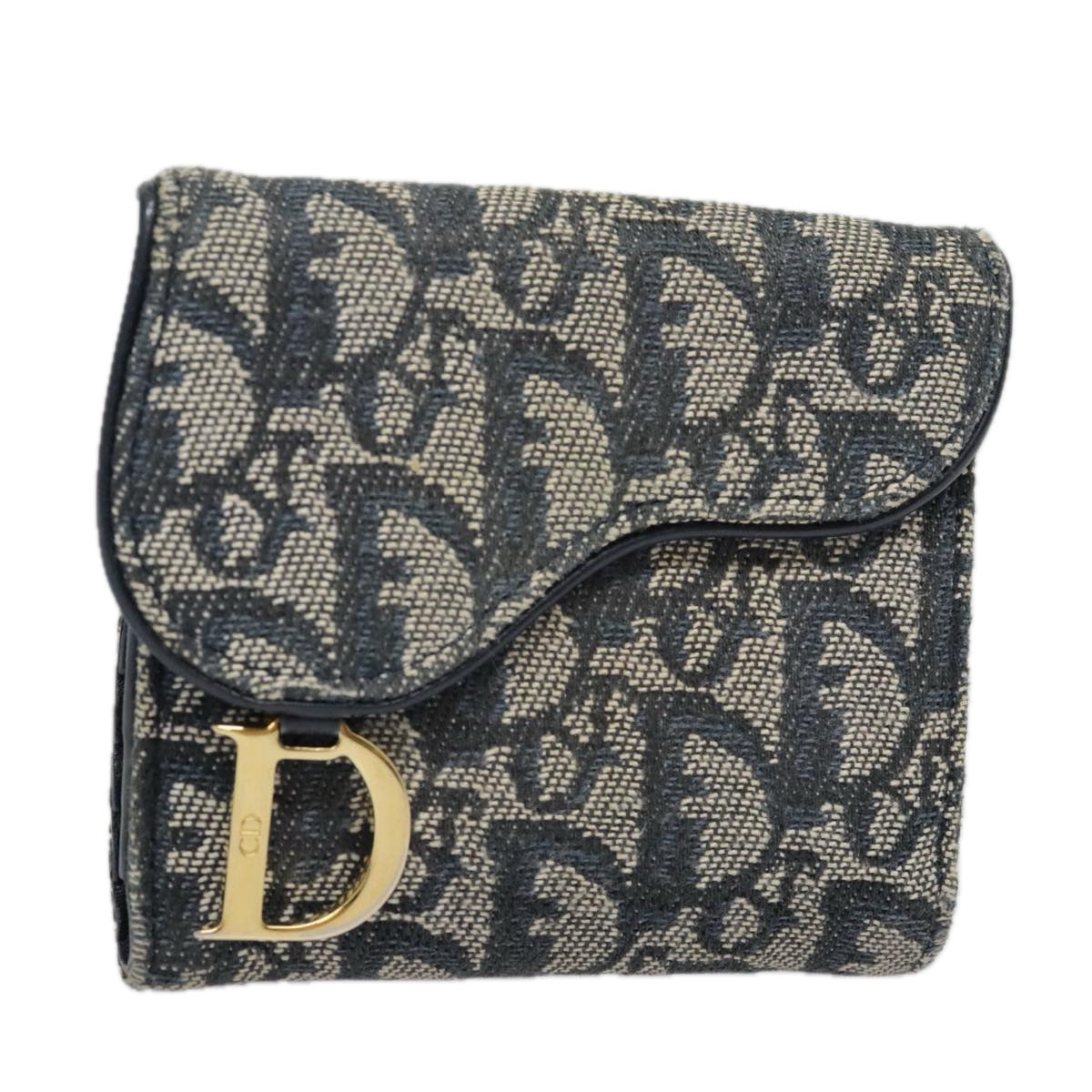 Christian Dior Trotter Canvas Compact Wallet Navy Gold Auth 93579