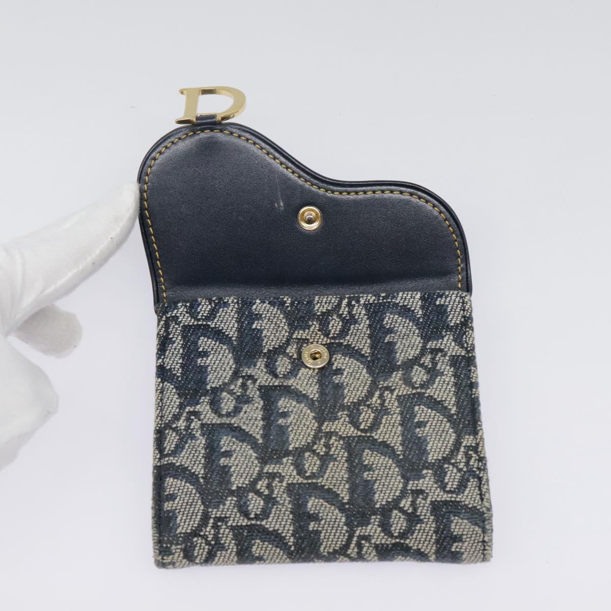 Christian Dior Trotter Canvas Compact Wallet Navy Gold Auth 93579