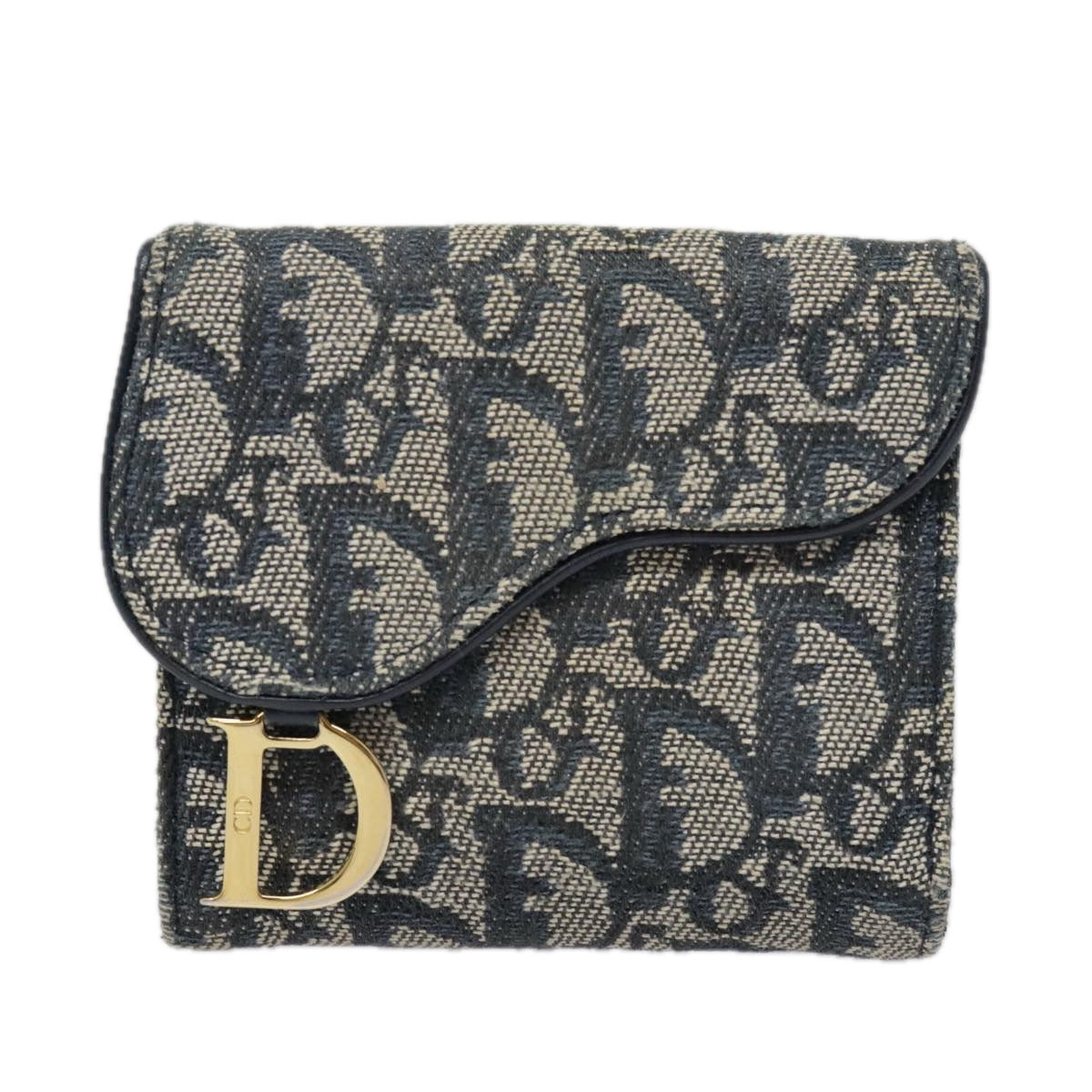 Christian Dior Trotter Canvas Compact Wallet Navy Gold Auth 93579 - 0