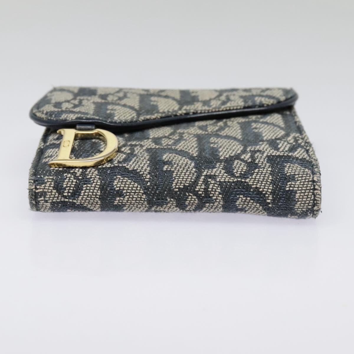 Christian Dior Trotter Canvas Compact Wallet Navy Gold Auth 93579