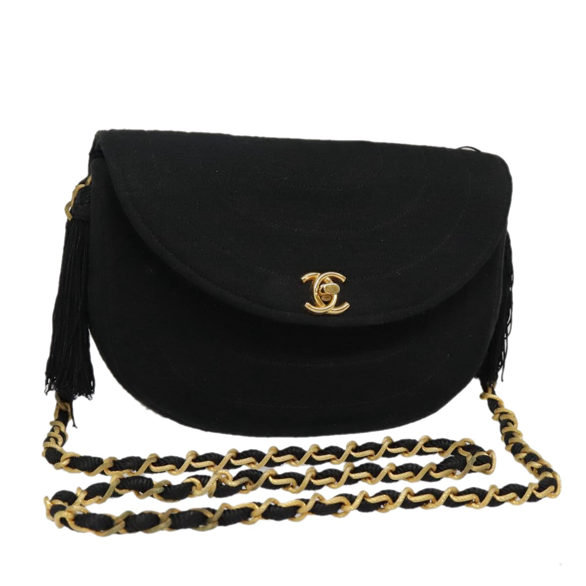 CHANEL Chain Shoulder Bag Cotton Black Gold CC Auth 93580