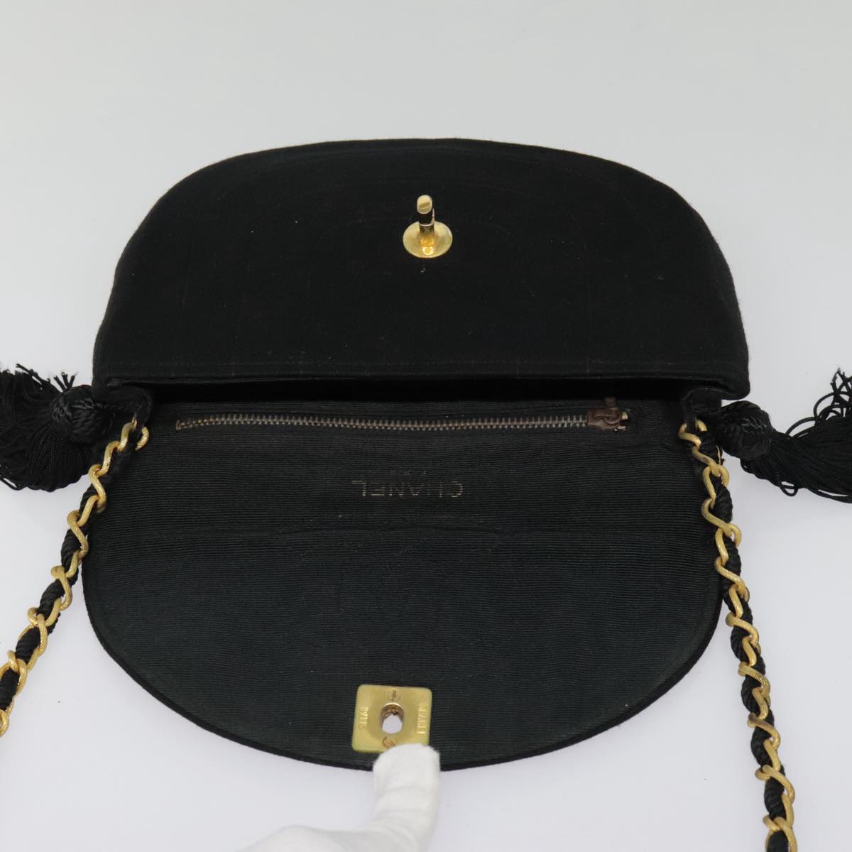 CHANEL Chain Shoulder Bag Cotton Black Gold CC Auth 93580