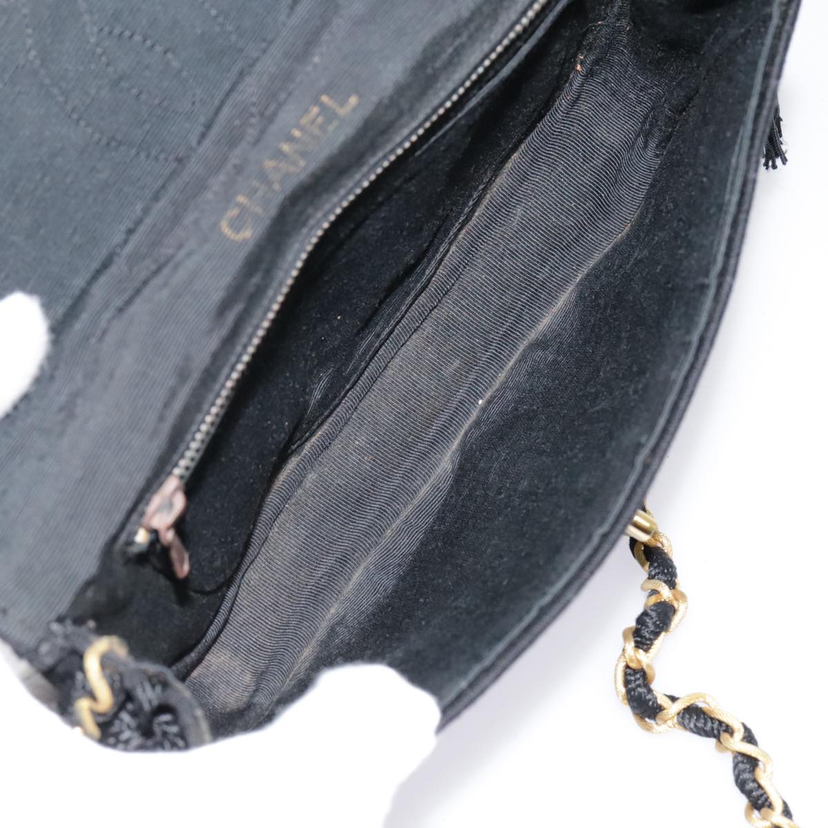 CHANEL Chain Shoulder Bag Cotton Black Gold CC Auth 93580