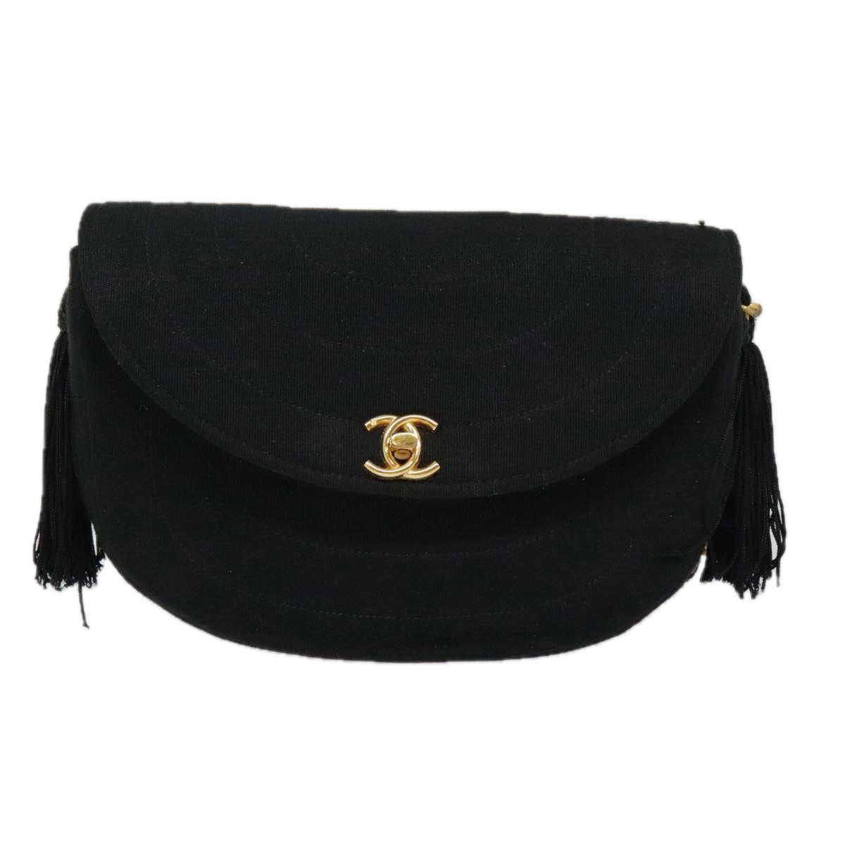 CHANEL Chain Shoulder Bag Cotton Black Gold CC Auth 93580