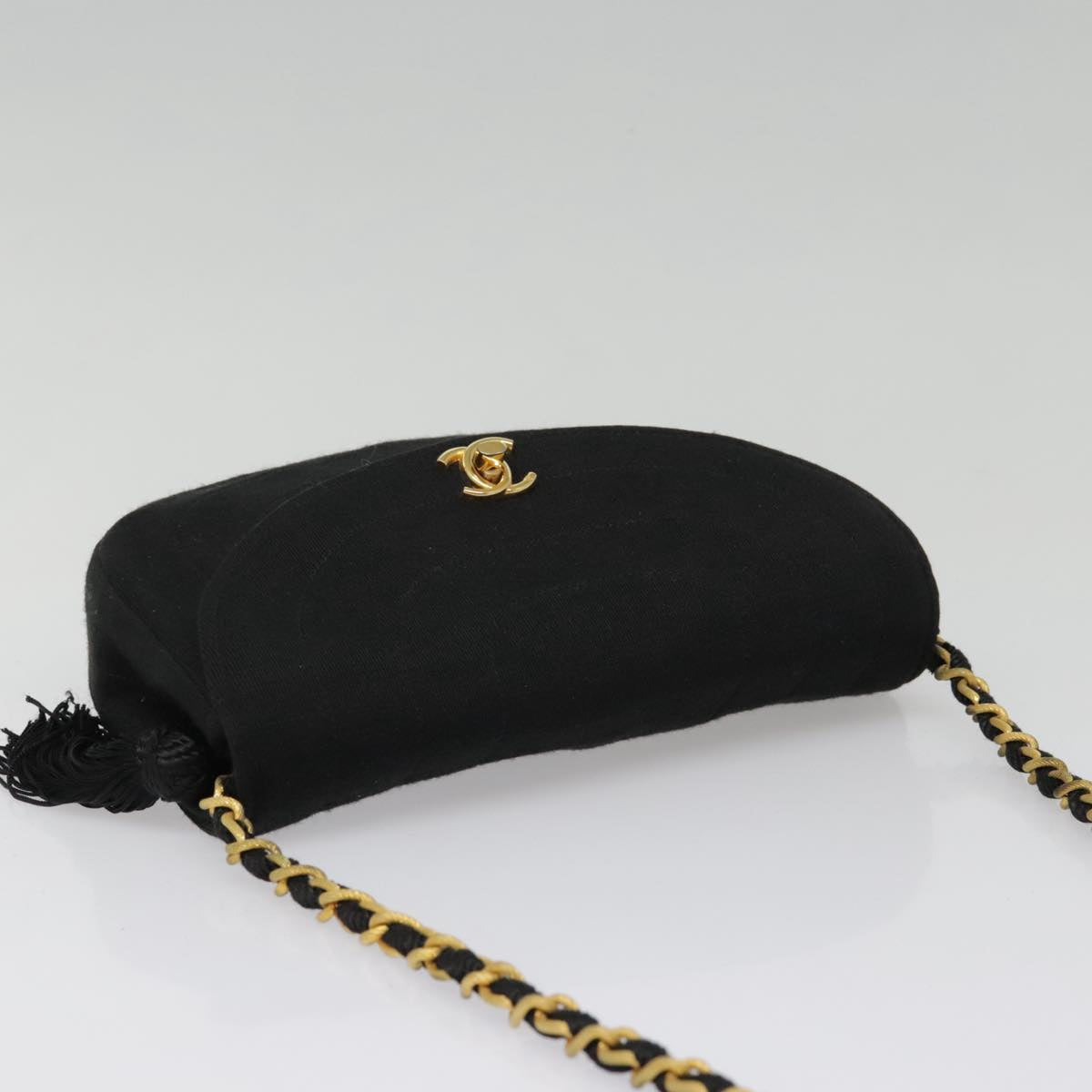 CHANEL Chain Shoulder Bag Cotton Black Gold CC Auth 93580