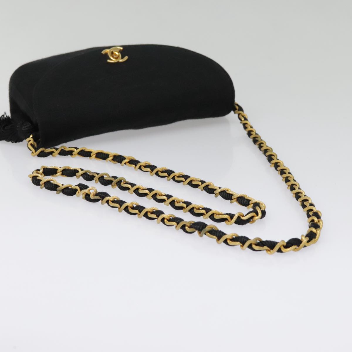 CHANEL Chain Shoulder Bag Cotton Black Gold CC Auth 93580