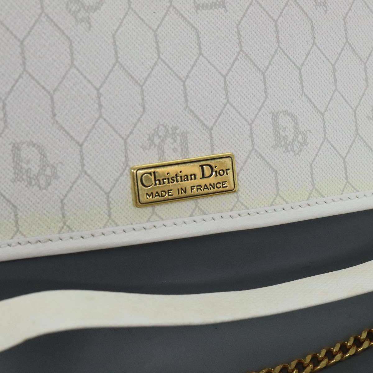 Christian Dior Honeycomb Canvas Chain Shoulder Bag PVC White Gold Auth 93592