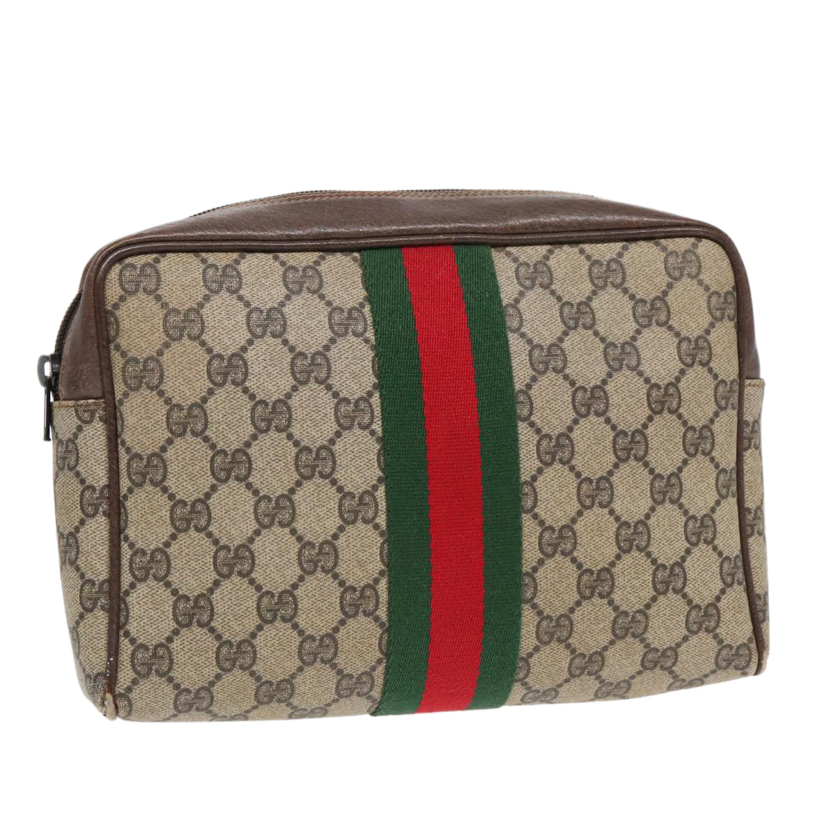 GUCCI GG Supreme Web Sherry Line Clutch Bag PVC Beige Red Green Auth 93603