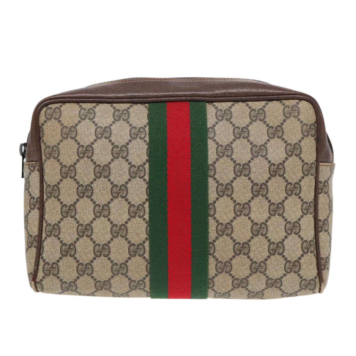 GUCCI GG Supreme Web Sherry Line Clutch Bag PVC Beige Red Green Auth 93603 - 0