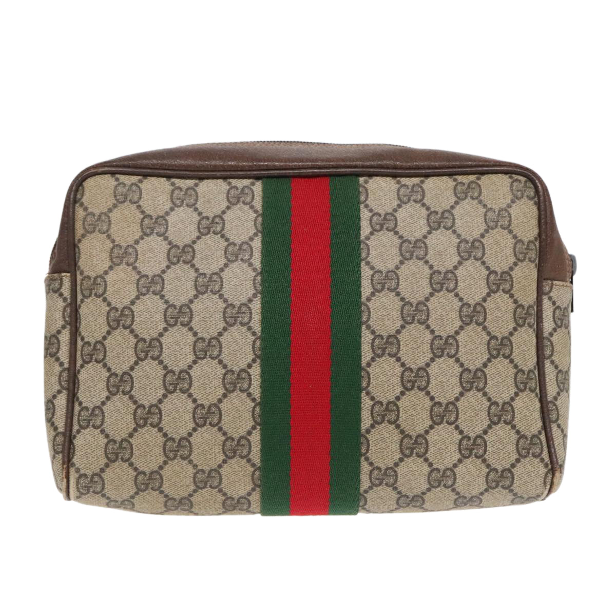 GUCCI GG Supreme Web Sherry Line Clutch Bag PVC Beige Red Green Auth 93603