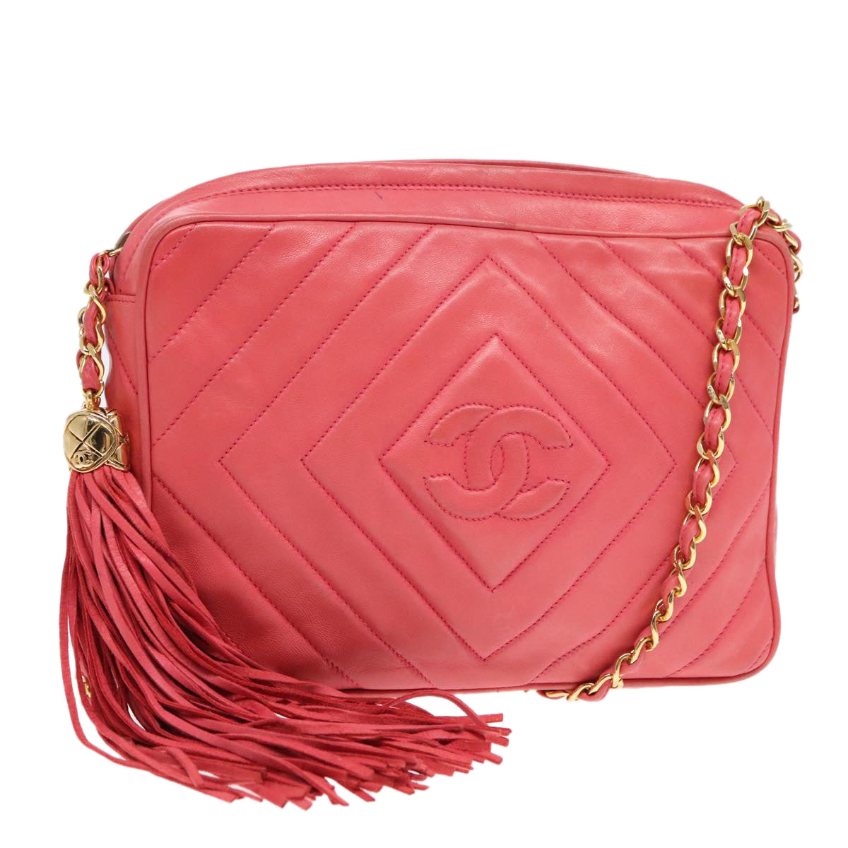 CHANEL Chain Shoulder Bag Lamb Skin Gold Pink CC Auth 93604