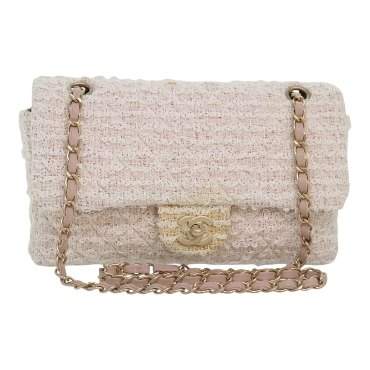 CHANEL Matelasse Chain Shoulder Bag tweed White Pink CC Auth 93801A