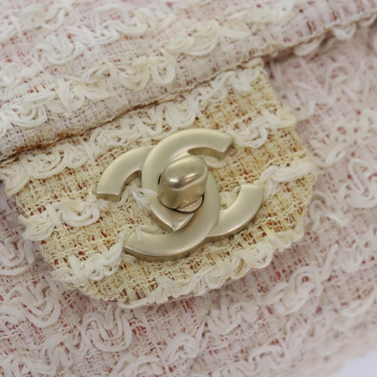 CHANEL Matelasse Chain Shoulder Bag tweed White Pink CC Auth 93801A