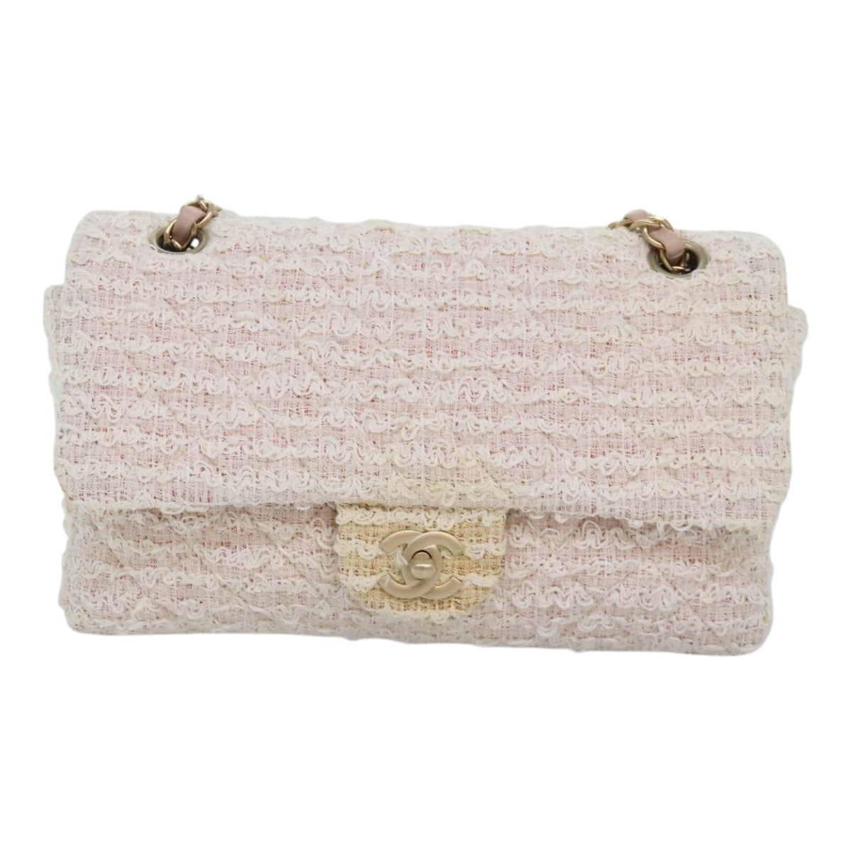 CHANEL Matelasse Chain Shoulder Bag tweed White Pink CC Auth 93801A