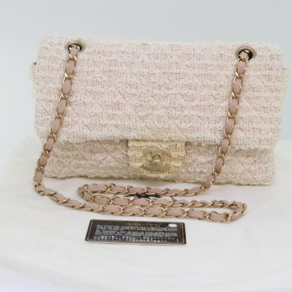 CHANEL Matelasse Chain Shoulder Bag tweed White Pink CC Auth 93801A