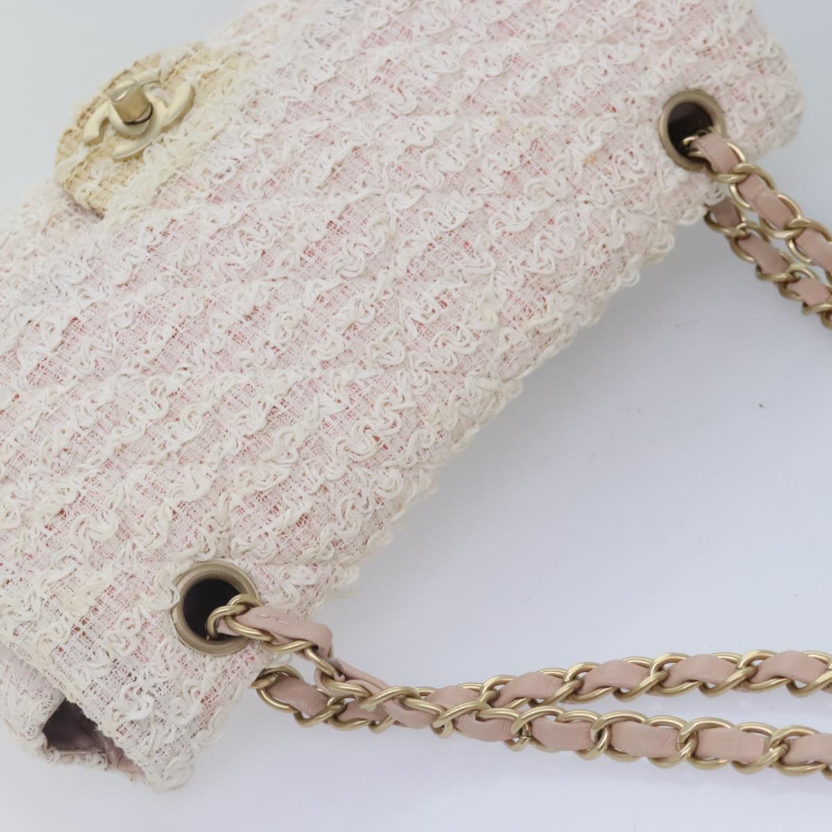 CHANEL Matelasse Chain Shoulder Bag tweed White Pink CC Auth 93801A