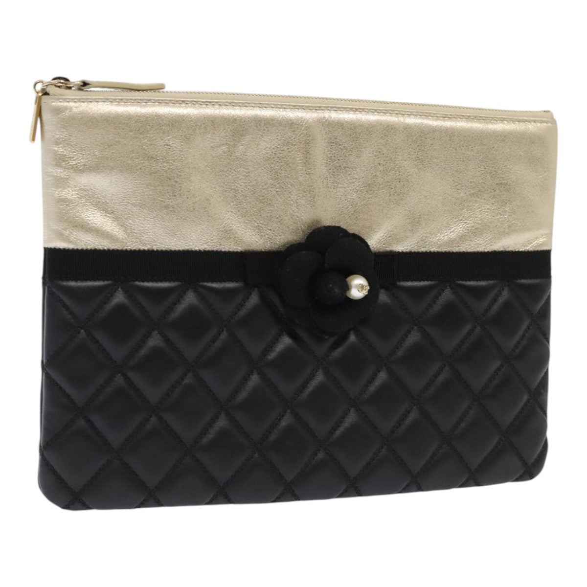 CHANEL Clutch Bag Leather Black Gold CC Auth 93804A