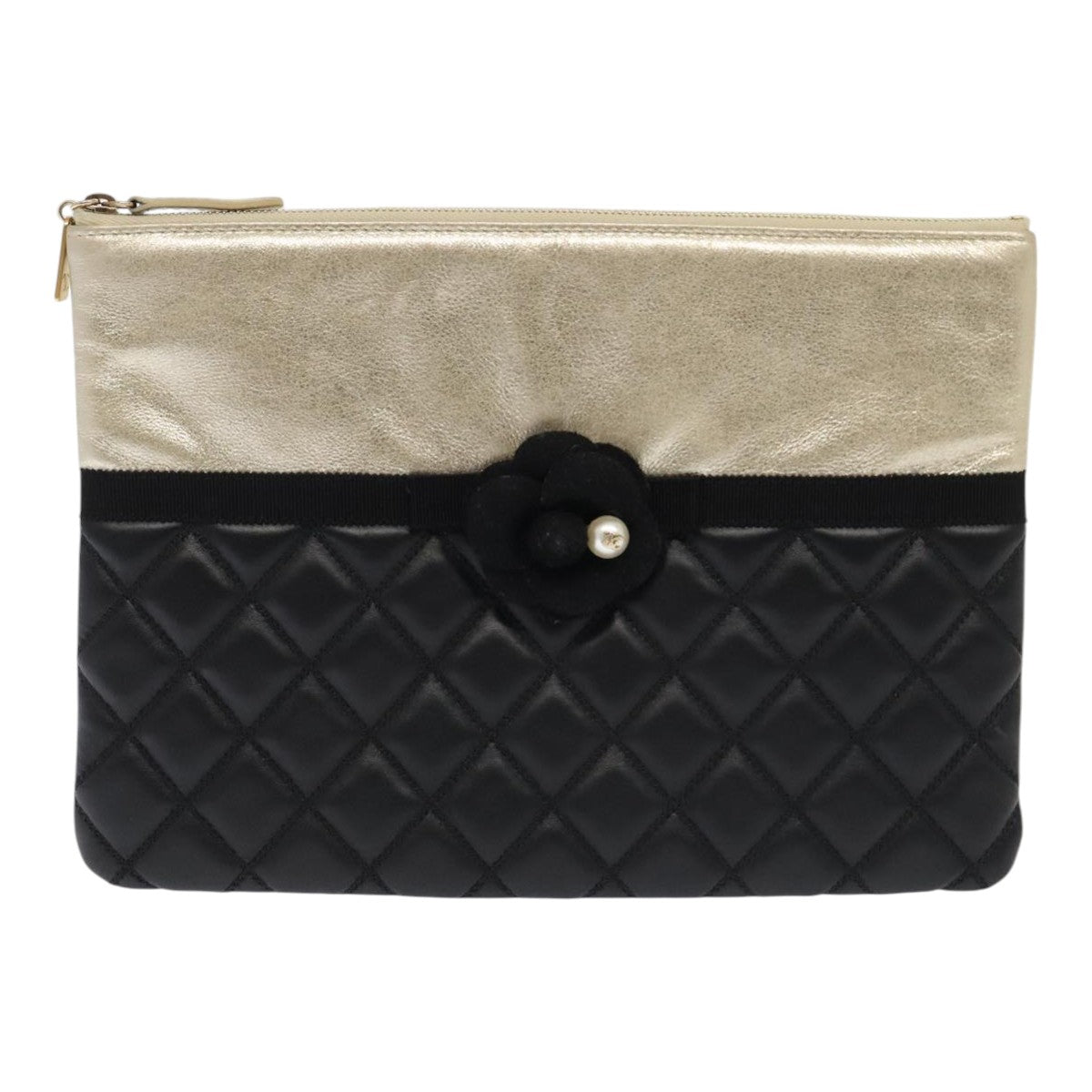 CHANEL Clutch Bag Leather Black Gold CC Auth 93804A