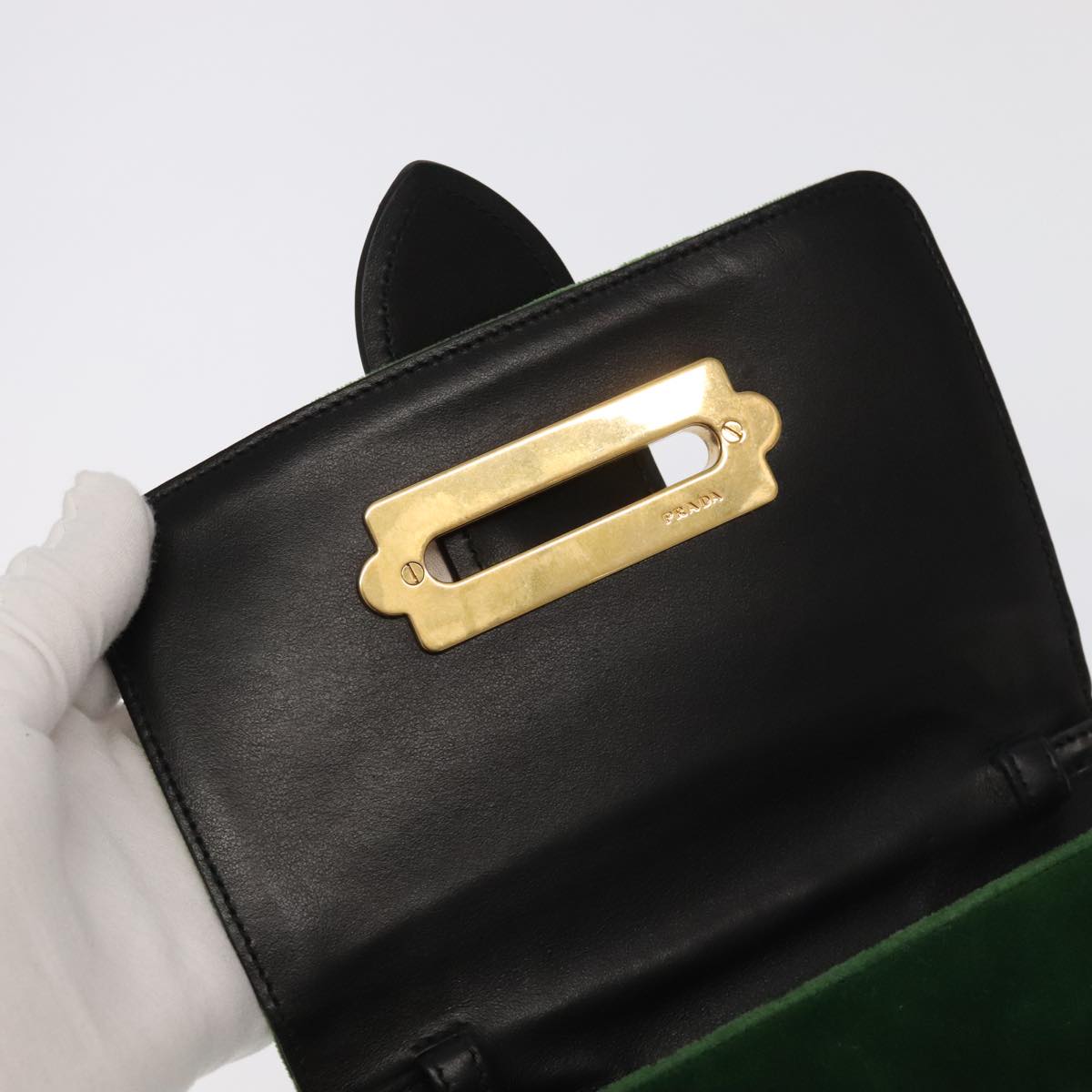 PRADA Shoulder Bag Suede Leather 2way Green Gold Auth 93806A