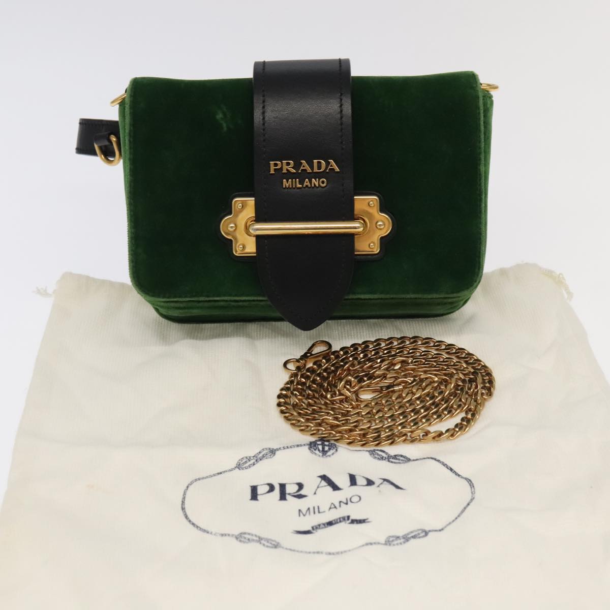 PRADA Shoulder Bag Suede Leather 2way Green Gold Auth 93806A