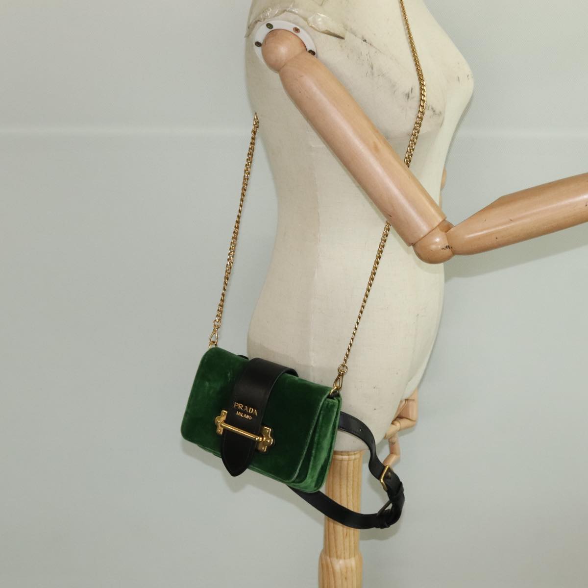 PRADA Shoulder Bag Suede Leather 2way Green Gold Auth 93806A