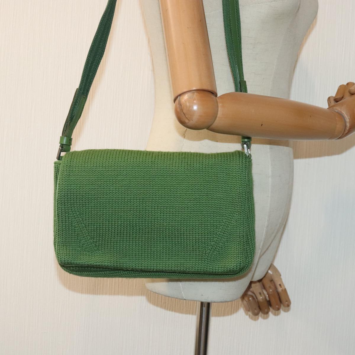 PRADA Shoulder Bag Knitted Fabrics Green Silver Auth 93808