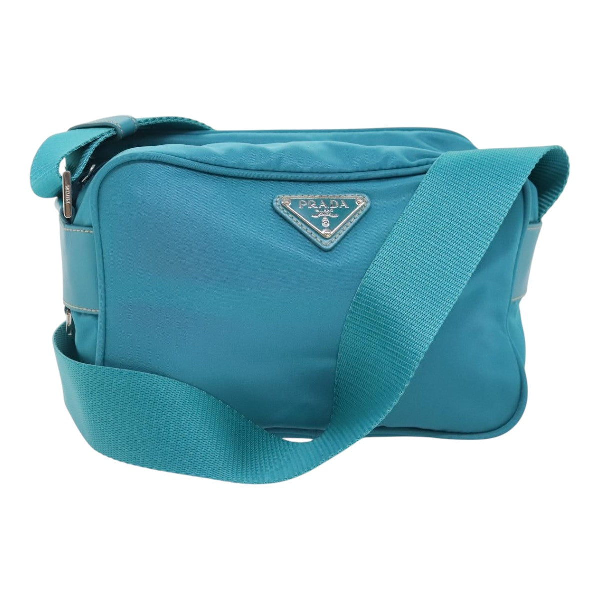 PRADA Shoulder Bag Nylon Turquoise Blue Silver Auth 93810