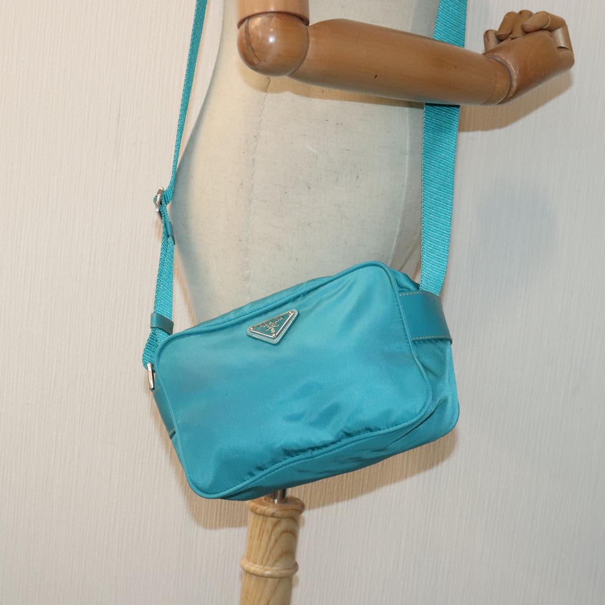 PRADA Shoulder Bag Nylon Turquoise Blue Silver Auth 93810