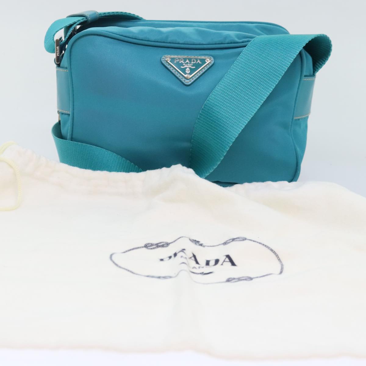 PRADA Shoulder Bag Nylon Turquoise Blue Silver Auth 93810