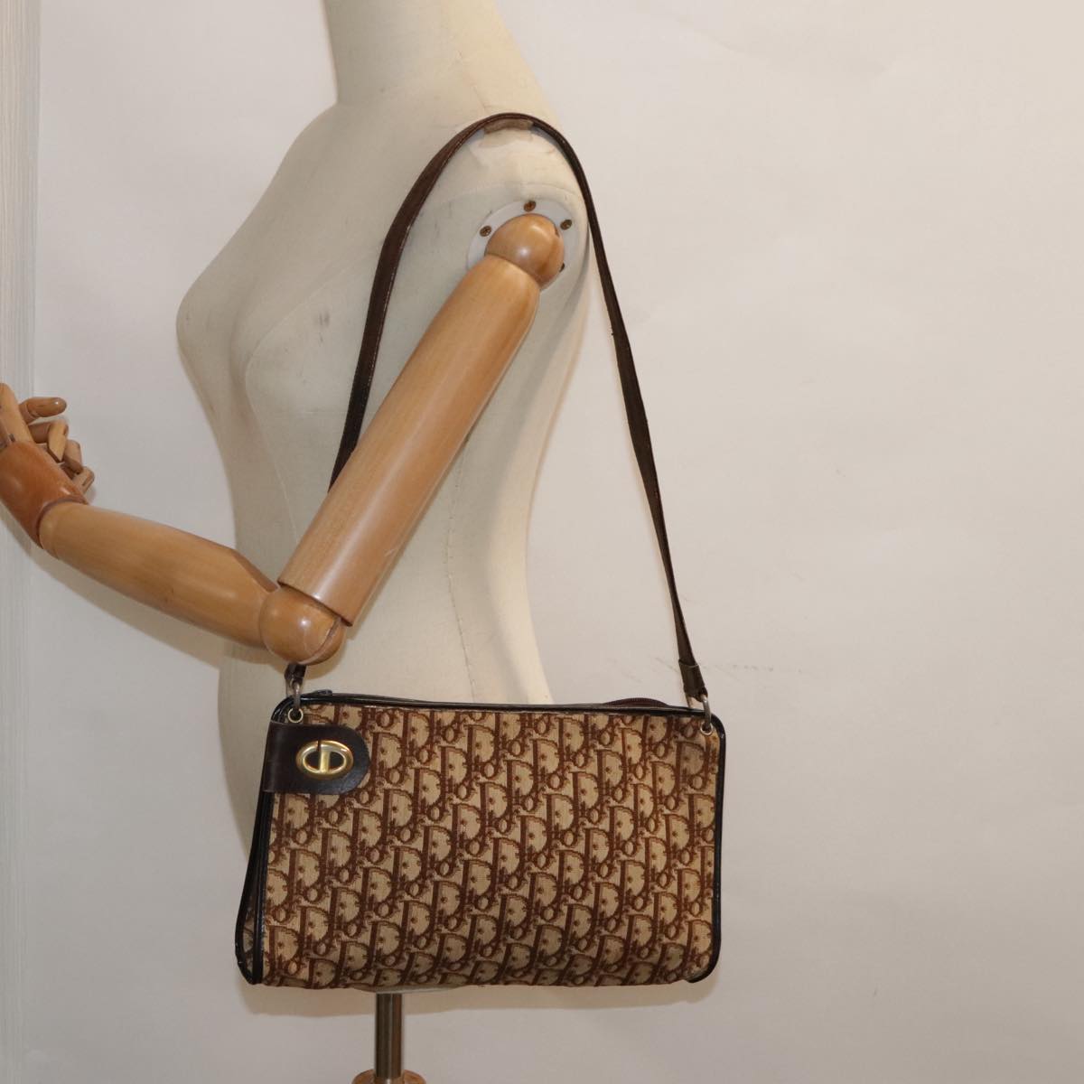 Christian Dior Trotter Canvas Shoulder Bag Brown Auth 93814