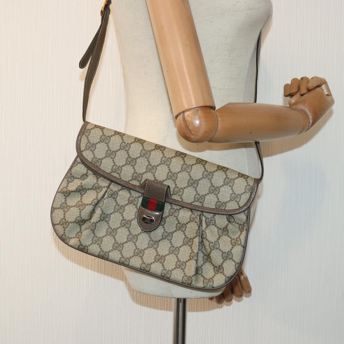 GUCCI GG Supreme Web Sherry Line Shoulder Bag PVC Beige Red 10 02 051 Auth 93820