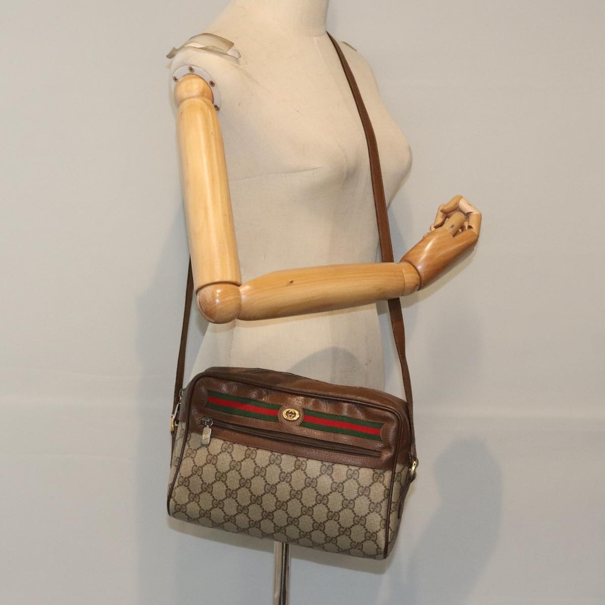 GUCCI GG Supreme Web Sherry Line Shoulder Bag PVC Beige 119 02 088 Auth 93821