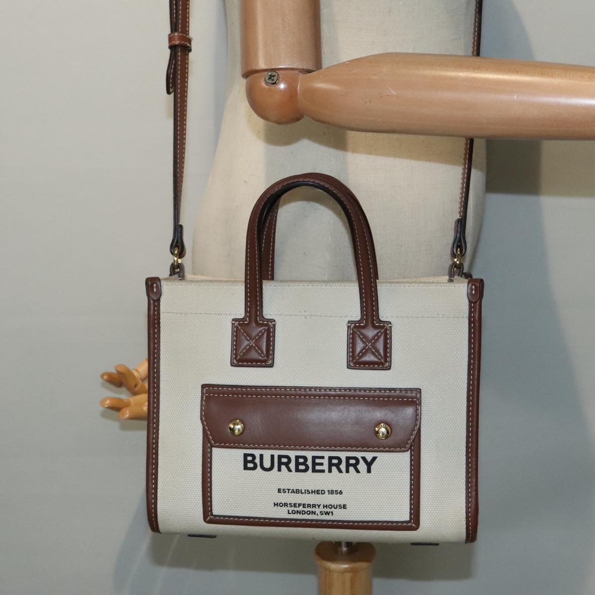 BURBERRY Hand Bag Canvas 2way White Gold Brown Auth 93824