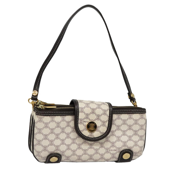 CELINE Macadam Canvas Accessoire-Tasche PVC Leder Weiß Gold Auth 93826AV