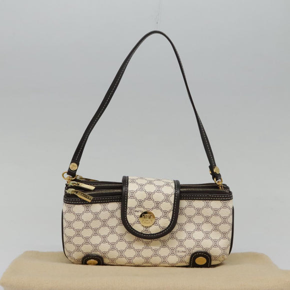 CELINE Macadam Canvas Accessoire-Tasche PVC Leder Weiß Gold Auth 93826AV