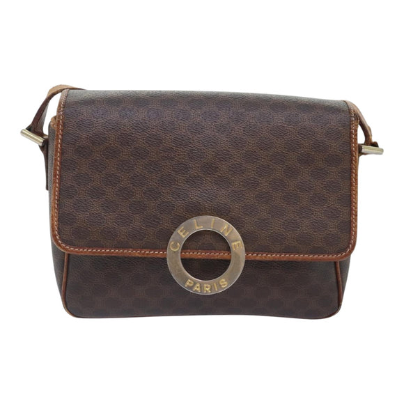 CELINE Macadam Canvas Umhängetasche PVC Leder Braun Gold Auth 93829
