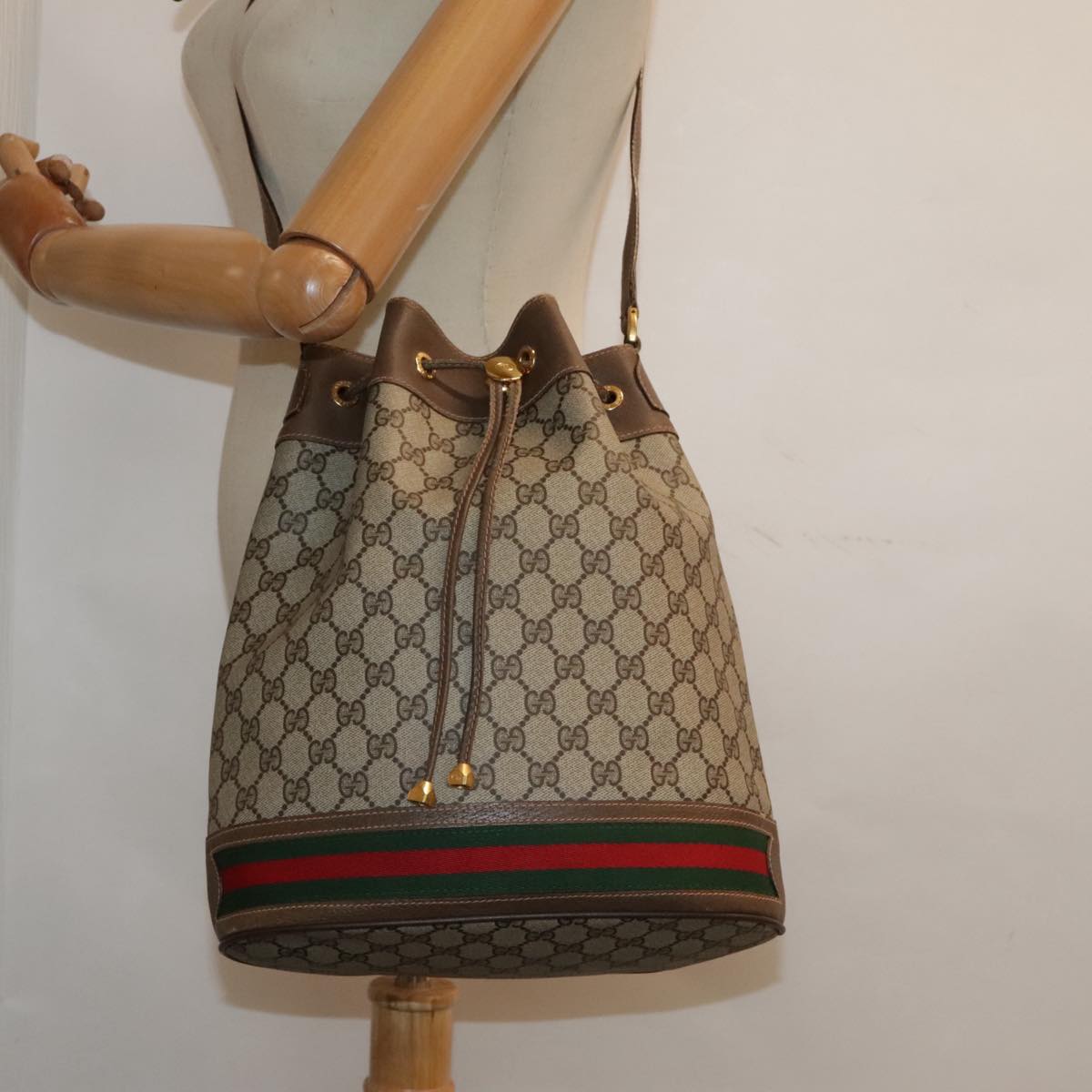 GUCCI GG Supreme Web Sherry Line Shoulder Bag PVC Beige Auth 93842