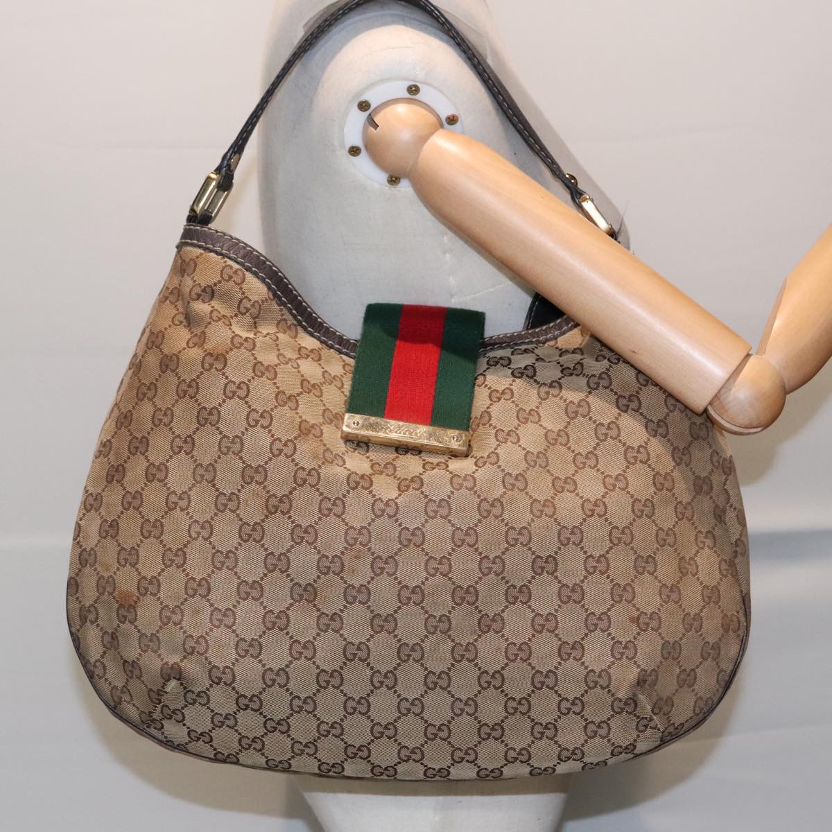 GUCCI GG Canvas Web Sherry Line Shoulder Bag Beige Red Green 233604 Auth 93843