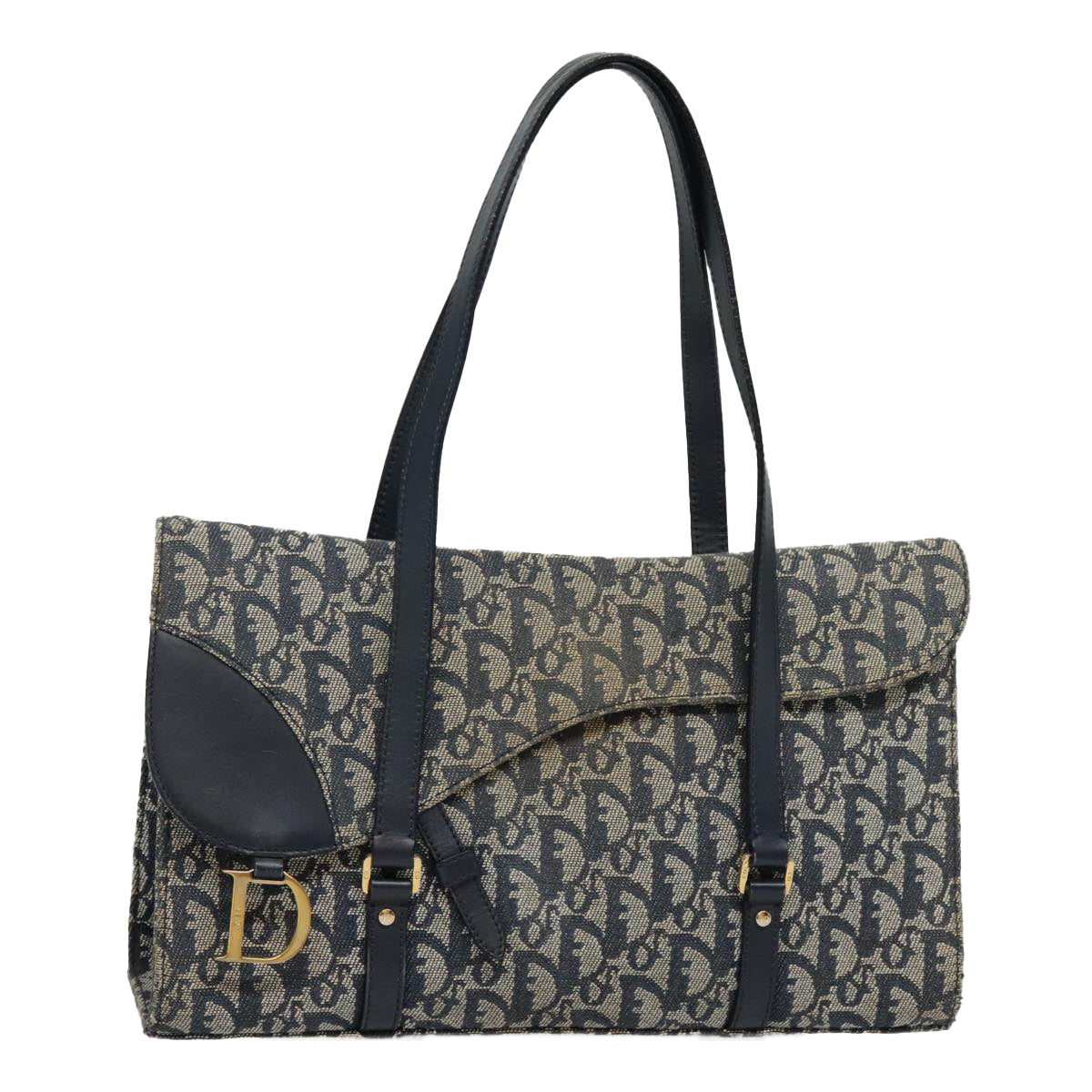 Christian Dior Trotter Canvas Shoulder Bag Navy Gold Auth 93864