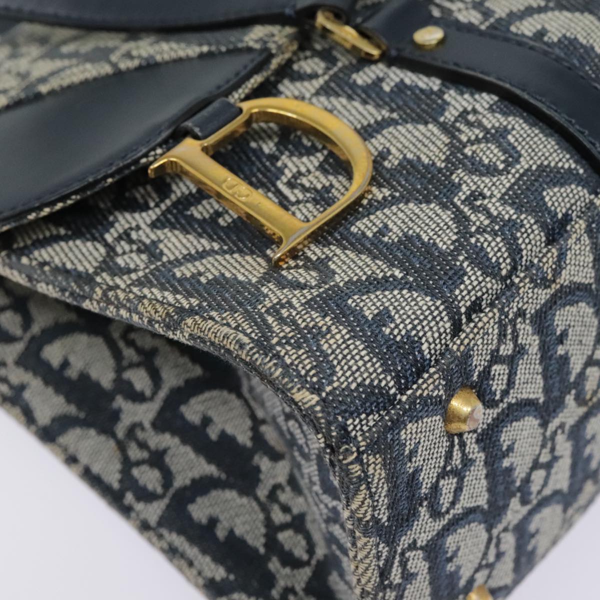 Christian Dior Trotter Canvas Shoulder Bag Navy Gold Auth 93864